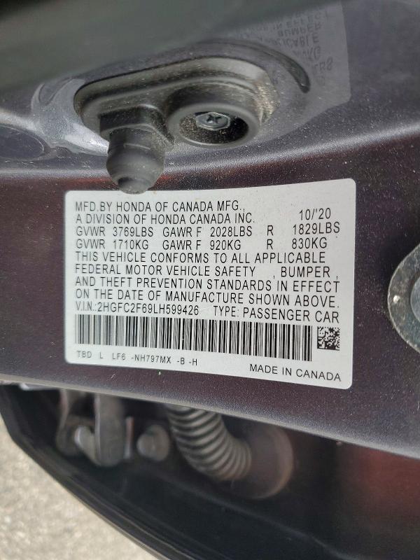 2020 Honda Civic მანქანა იყიდება აუქციონზე, vin: 2HGFC2F69LH599426, აუქციონის ნომერი: 69905926