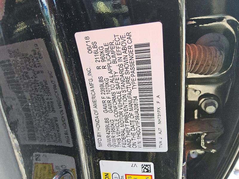 2018 Honda Accord მანქანა იყიდება აუქციონზე, vin: 1HGCV1F59JA208754, აუქციონის ნომერი: 67439416