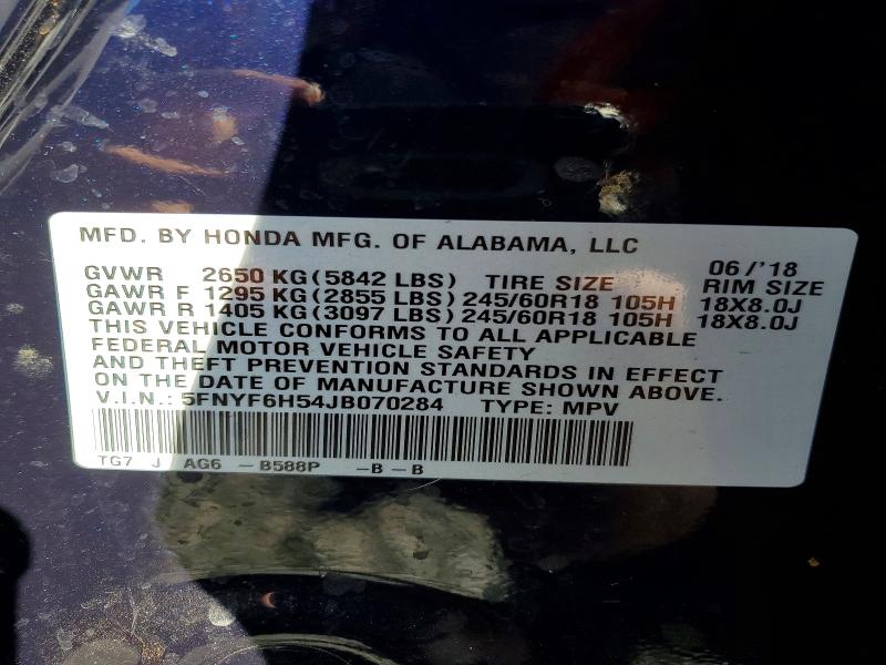 Auction sale of the 2018 Honda Pilot, vin: 5FNYF6H54JB070284, lot number: 69620696