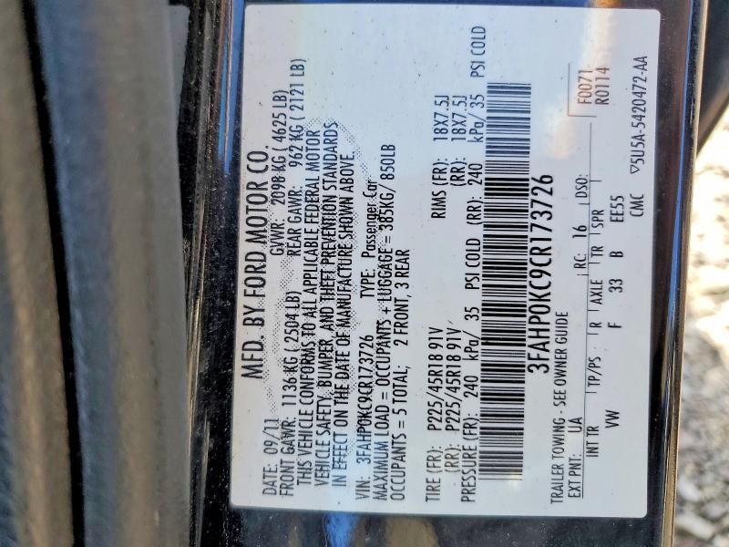 66537416 :رقم المزاد ، 3FAHP0KC9CR173726 vin ، 2012 Ford Fusion مزاد بيع