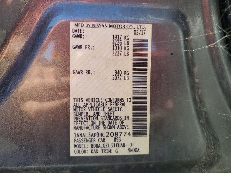 Auction sale of the 2017 Nissan Altima, vin: 1N4AL3AP9HC208774        , lot number: 67975766