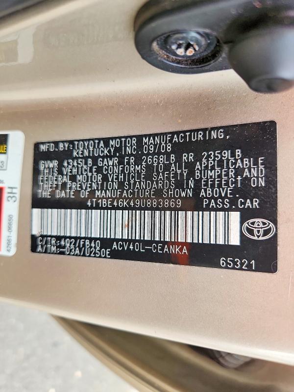 2009 Toyota Camry მანქანა იყიდება აუქციონზე, vin: 4T1BE46K49U883869, აუქციონის ნომერი: 66892656