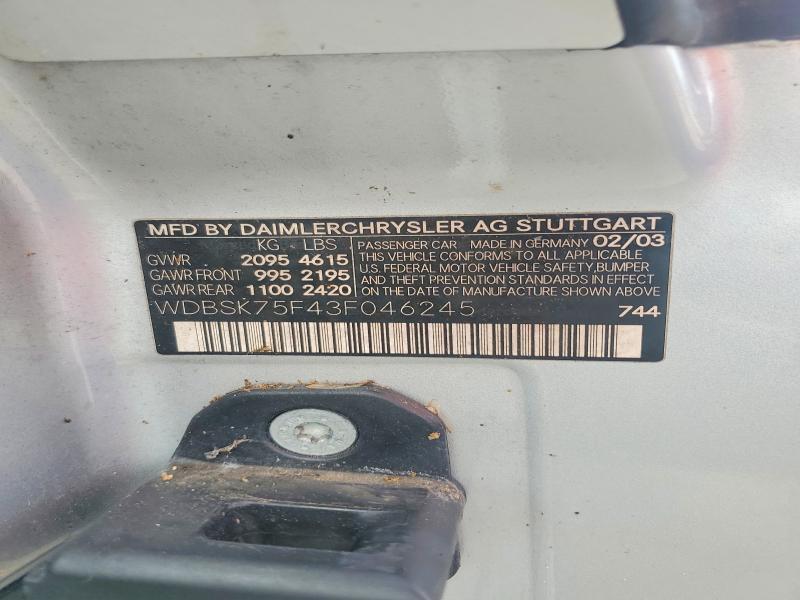Продаж на аукціоні авто 2003 Mercedes-benz Sl, vin: WDBSK75F43F046245, номер лоту: 67639376