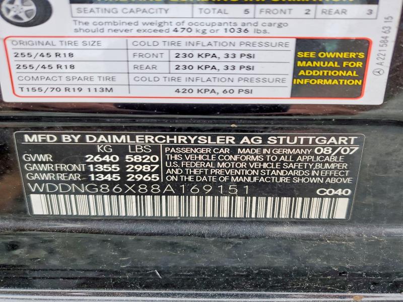 Aukcja sprzedaży 2008 Mercedes-benz S, vin: WDDNG86X88A169151        , numer aukcji: 69026386