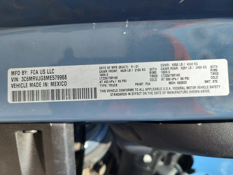 70712596 :رقم المزاد ، 3C6MRVJG8ME579968 vin ، 2021 Ram Promaster 3500 مزاد بيع