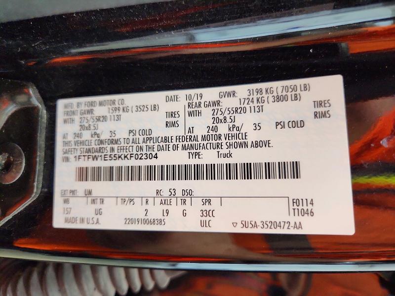 2019 Ford F150 მანქანა იყიდება აუქციონზე, vin: 1FTFW1E55KKF02304, აუქციონის ნომერი: 67710866