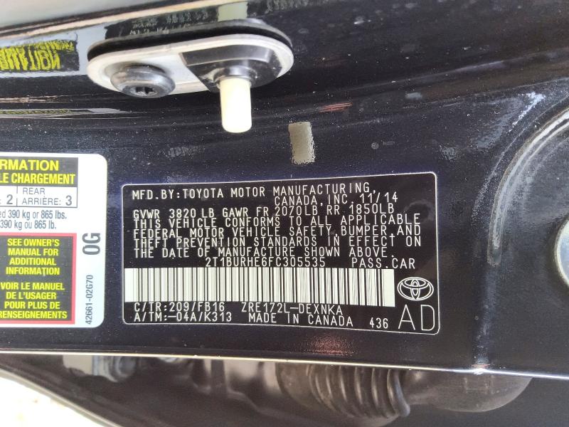 2015 Toyota Corolla მანქანა იყიდება აუქციონზე, vin: 2T1BURHE6FC305535, აუქციონის ნომერი: 67439246