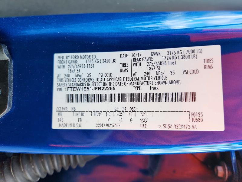 2018 Ford F150 მანქანა იყიდება აუქციონზე, vin: 1FTEW1E51JFB22265, აუქციონის ნომერი: 67350266