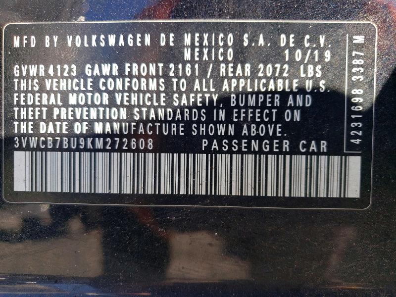 2019 Volkswagen Jetta მანქანა იყიდება აუქციონზე, vin: 3VWCB7BU9KM272608, აუქციონის ნომერი: 69772436