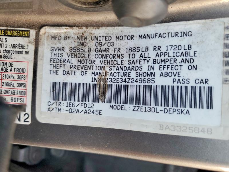 2004 Toyota Corolla მანქანა იყიდება აუქციონზე, vin: 1NXBR32E34Z249685, აუქციონის ნომერი: 68252256