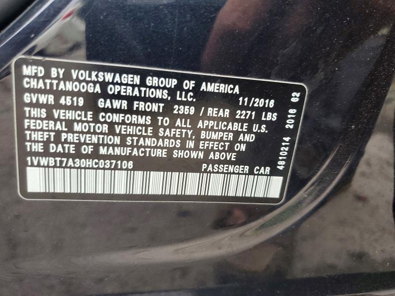 Продаж на аукціоні авто 2017 Volkswagen Passat, vin: 1VWBT7A30HC037106, номер лоту: 68238486