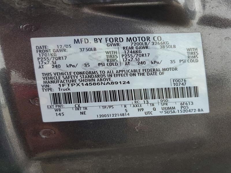 67695876 :رقم المزاد ، 1FTPX14586NA89124 vin ، 2006 Ford F150 مزاد بيع