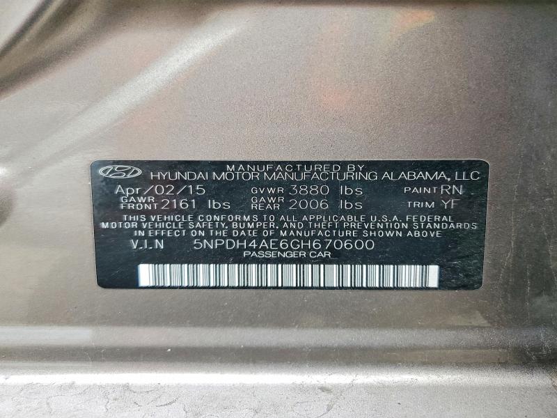 Aukcja sprzedaży 2016 Hyundai Elantra, vin: 5NPDH4AE6GH670600, numer aukcji: 69728706