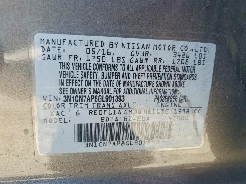 2016 Nissan Versa მანქანა იყიდება აუქციონზე, vin: 3N1CN7AP8GL901393, აუქციონის ნომერი: 70398366
