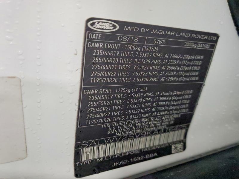 70804466 :رقم المزاد ، SALWV2SV9KA416425 vin ، 2019 Land Rover Range Rover Sport مزاد بيع