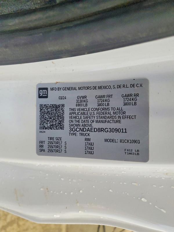 70074076 :رقم المزاد ، 3GCNDAED8RG309011 vin ، 2024 Chevrolet Silverado مزاد بيع