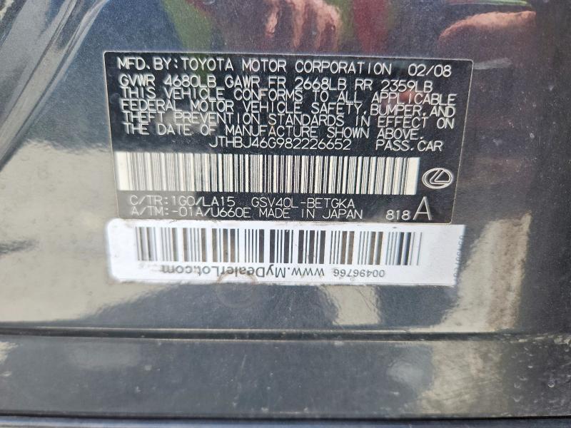 Aukcja sprzedaży 2008 Lexus Es, vin: JTHBJ46G982226652, numer aukcji: 69007376