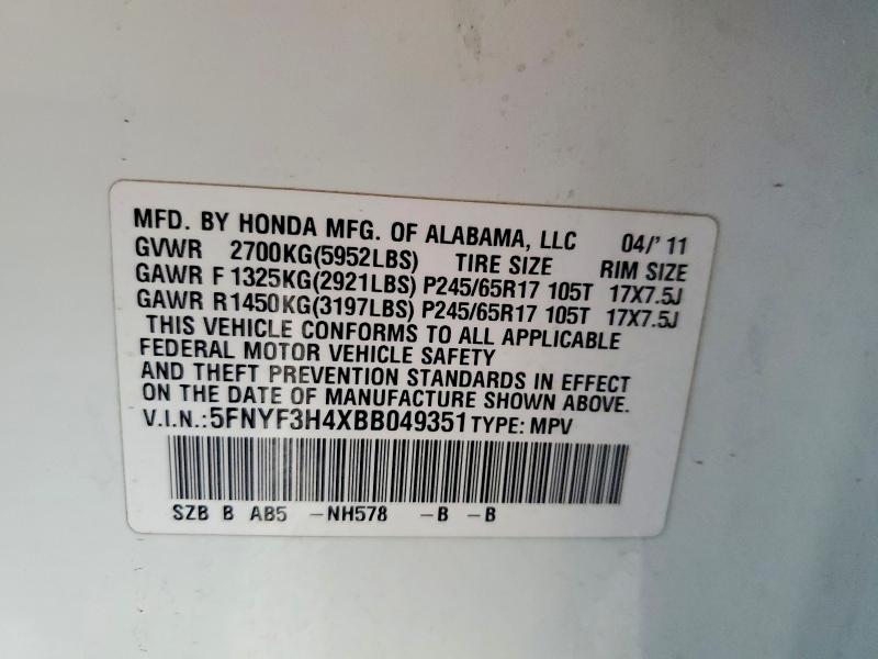 Продаж на аукціоні авто 2011 Honda Pilot, vin: 5FNYF3H4XBB049351, номер лоту: 69414756