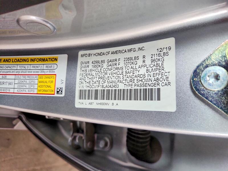 68709106 :رقم المزاد ، 1HGCV1F18LA042453 vin ، 2020 Honda Accord مزاد بيع