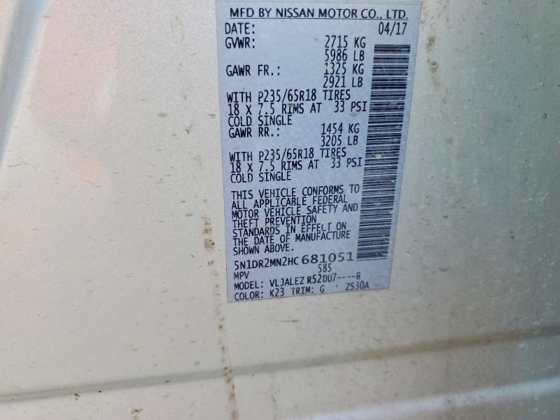 Продажа на аукционе авто 2017 Nissan Pathfinder, vin: 5N1DR2MN2HC681051, номер лота: 69296906