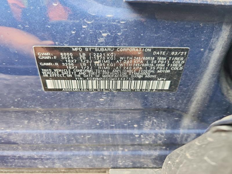 2021 Subaru Ascent მანქანა იყიდება აუქციონზე, vin: 4S4WMAFD5M3444750, აუქციონის ნომერი: 68822686