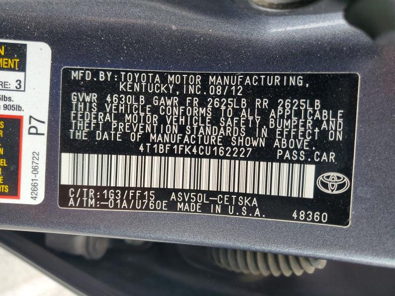 2012 Toyota Camry მანქანა იყიდება აუქციონზე, vin: 4T1BF1FK4CU162227, აუქციონის ნომერი: 69350576