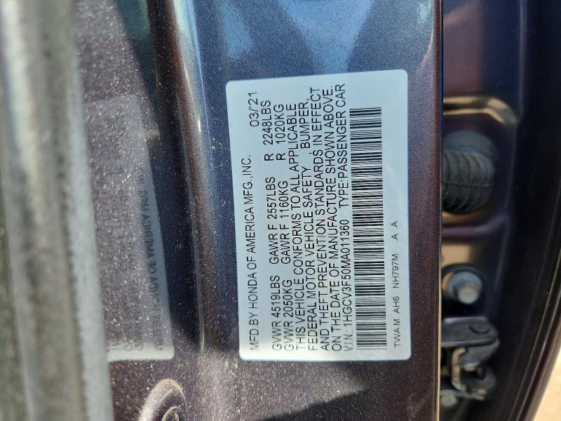 2021 Honda Accord მანქანა იყიდება აუქციონზე, vin: 1HGCV3F50MA011360, აუქციონის ნომერი: 65962566