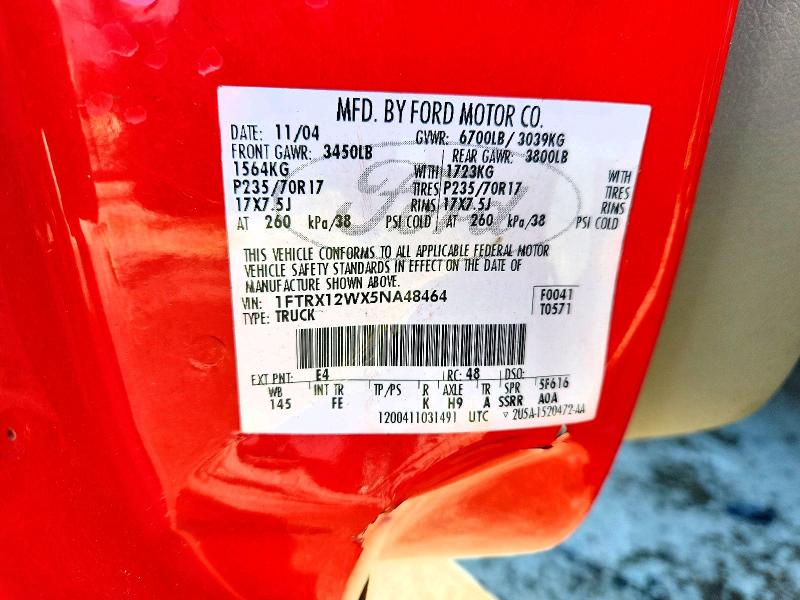 2005 Ford F150 მანქანა იყიდება აუქციონზე, vin: 1FTRX12WX5NA48464, აუქციონის ნომერი: 70797846