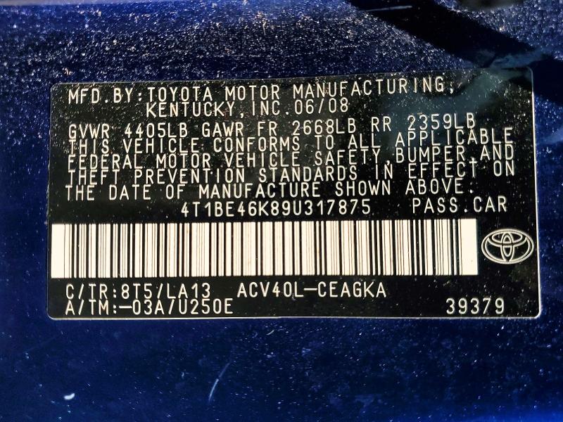 2009 Toyota Camry მანქანა იყიდება აუქციონზე, vin: 4T1BE46K89U317875, აუქციონის ნომერი: 67297436
