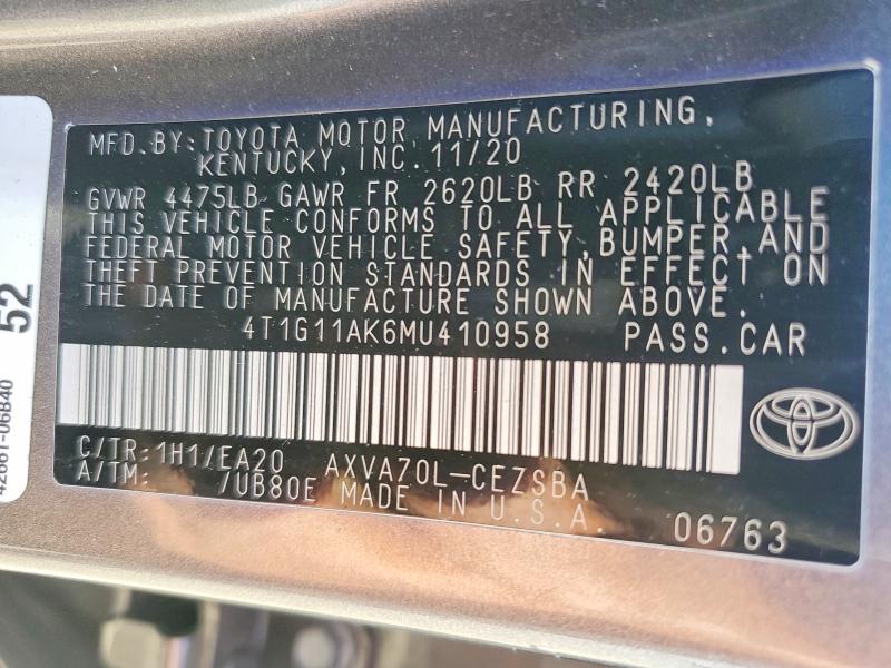 Aukcja sprzedaży 2021 Toyota Camry, vin: 4T1G11AK6MU410958, numer aukcji: 68961676