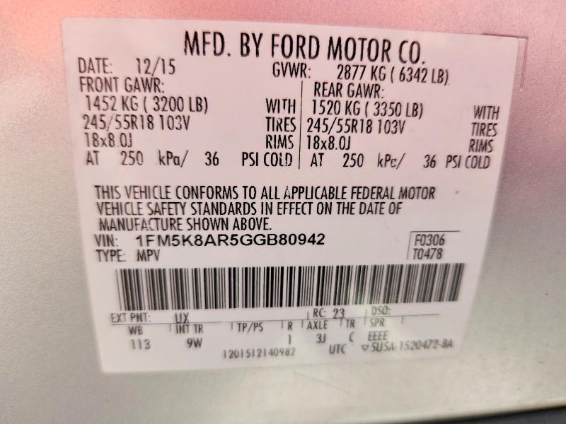 68959436 :رقم المزاد ، 1FM5K8AR5GGB80942 vin ، 2016 Ford Explorer مزاد بيع