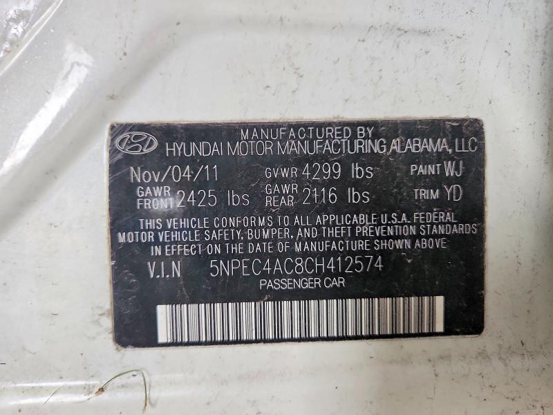 2012 Hyundai Sonata მანქანა იყიდება აუქციონზე, vin: 5NPEC4AC8CH412574, აუქციონის ნომერი: 70152616