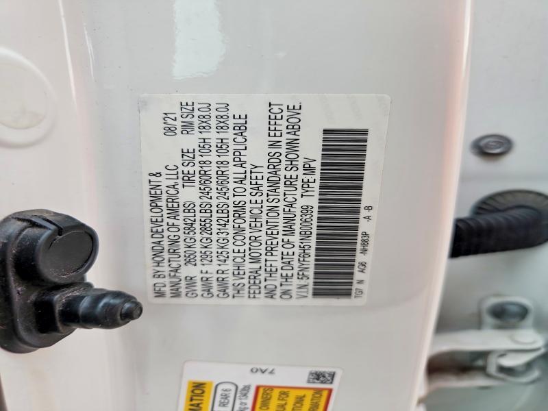 68221876 :رقم المزاد ، 5FNYF6H51NB006399 vin ، 2022 Honda Pilot مزاد بيع