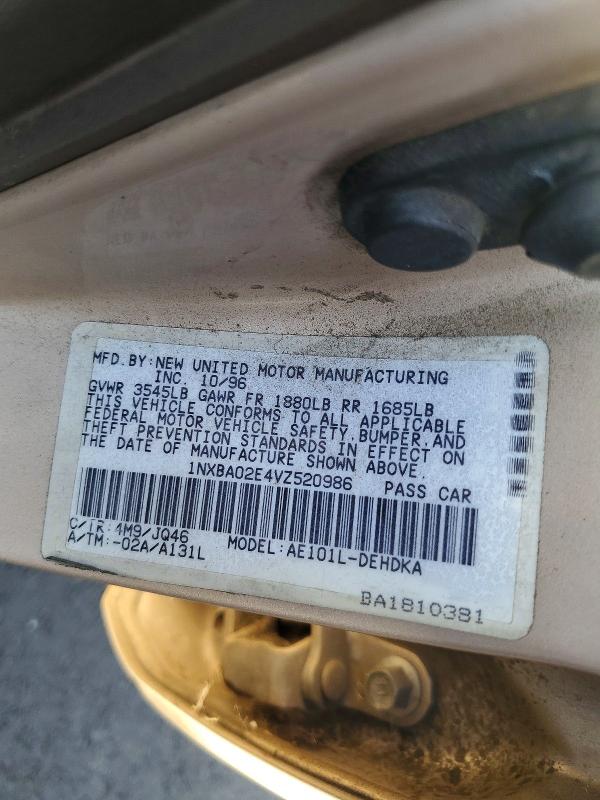 1997 Toyota Corolla მანქანა იყიდება აუქციონზე, vin: 1NXBA02E4VZ520986, აუქციონის ნომერი: 69930736