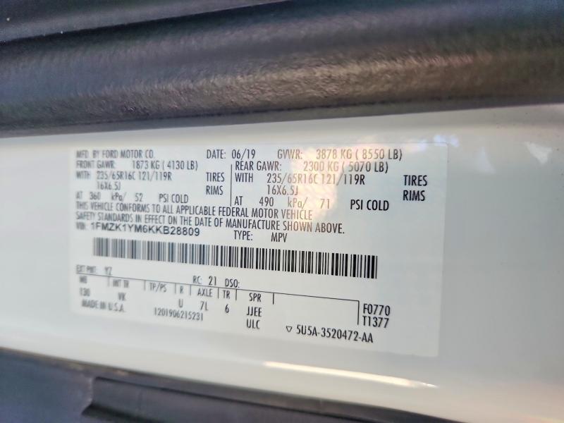 2019 Ford Transit მანქანა იყიდება აუქციონზე, vin: 1FMZK1YM6KKB28809, აუქციონის ნომერი: 70849446