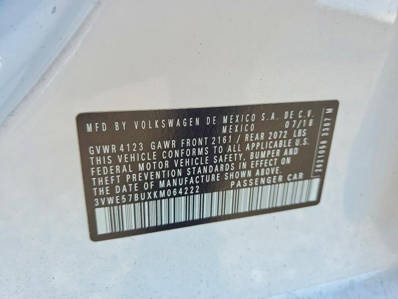 2019 Volkswagen Jetta მანქანა იყიდება აუქციონზე, vin: 3VWE57BUXKM064222, აუქციონის ნომერი: 68407316