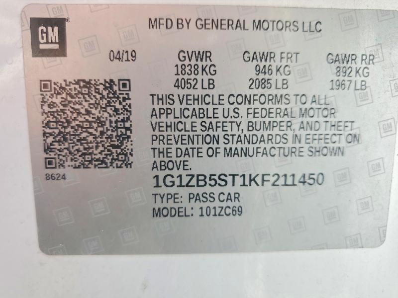 Auction sale of the 2019 Chevrolet Malibu, vin: 1G1ZB5ST1KF211450, lot number: 67847066