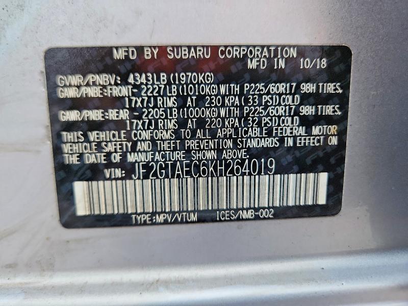 2019 Subaru Crosstrek მანქანა იყიდება აუქციონზე, vin: JF2GTAEC6KH264019, აუქციონის ნომერი: 70127086