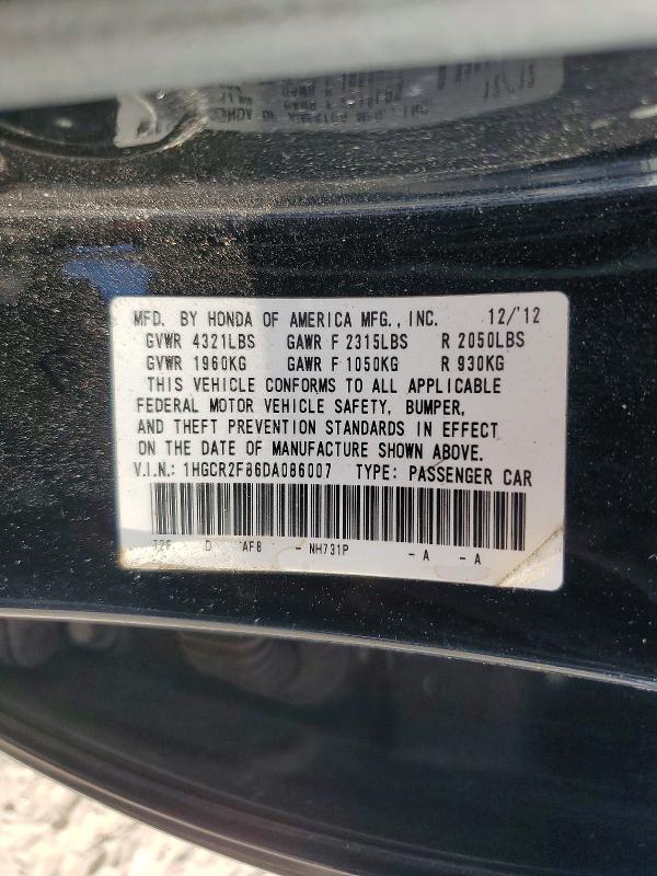 Auction sale of the 2013 Honda Accord, vin: 1HGCR2F86DA086007, lot number: 67320906