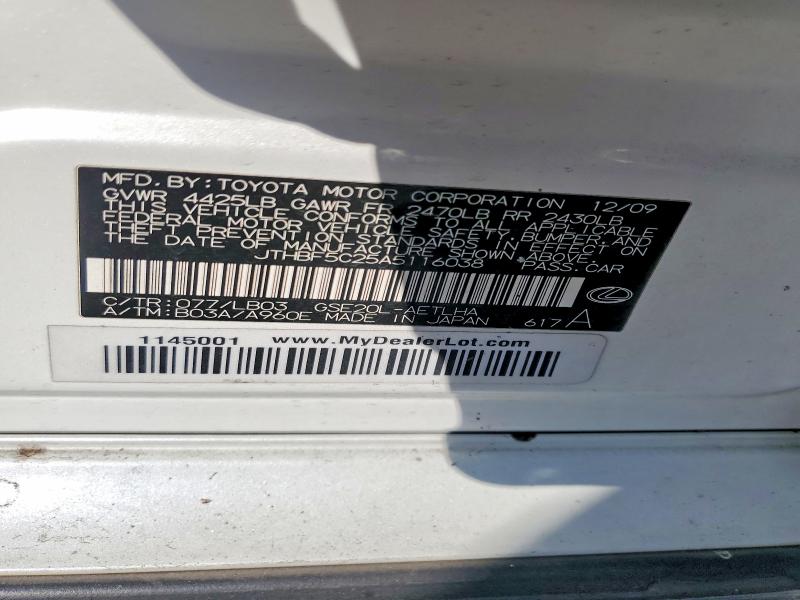 Aukcja sprzedaży 2010 Lexus Is 250, vin: JTHBF5C25A5116038, numer aukcji: 68807826