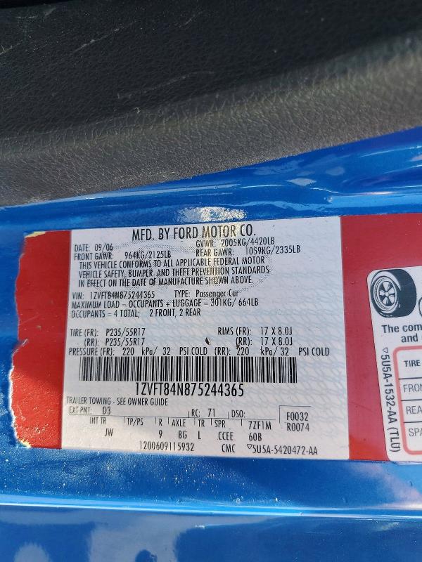 2007 Ford Mustang მანქანა იყიდება აუქციონზე, vin: 1ZVFT84N875244365, აუქციონის ნომერი: 70748586