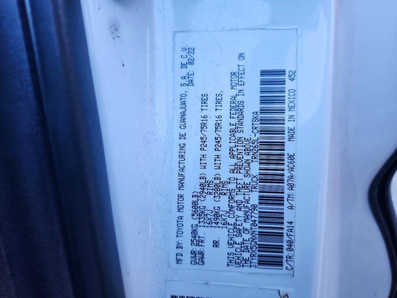 70508186 :رقم المزاد ، 3TYRX5GNXNT047790 vin ، 2022 Toyota Tacoma مزاد بيع