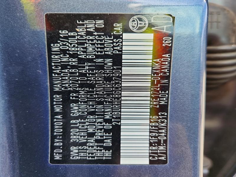 70682856 :رقم المزاد ، 2T1BURHE8GC637901 vin ، 2016 Toyota Corolla مزاد بيع