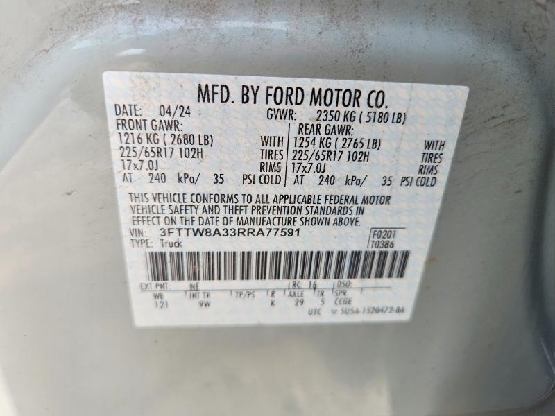 2024 Ford Maverick მანქანა იყიდება აუქციონზე, vin: 3FTTW8A33RRA77591, აუქციონის ნომერი: 68407766