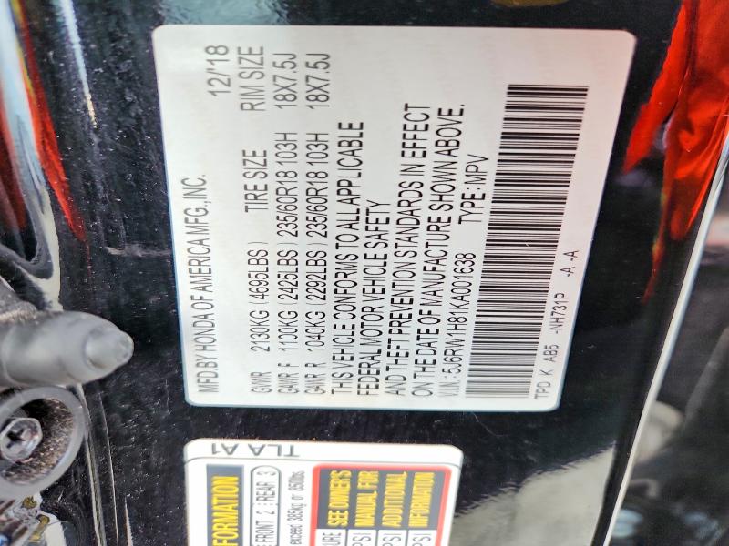 Aukcja sprzedaży 2019 Honda Cr-v, vin: 5J6RW1H81KA001638, numer aukcji: 68111736