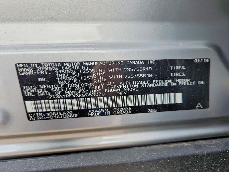 2019 Toyota Rav4 მანქანა იყიდება აუქციონზე, vin: 2T3A1RFVXKW053070, აუქციონის ნომერი: 71018456