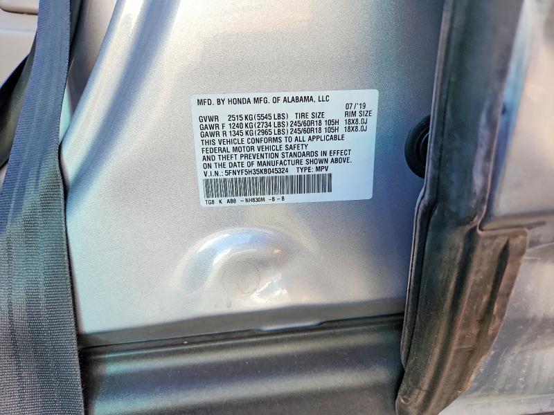 67379896 :رقم المزاد ، 5FNYF5H35KB045324 vin ، 2019 Honda Pilot مزاد بيع