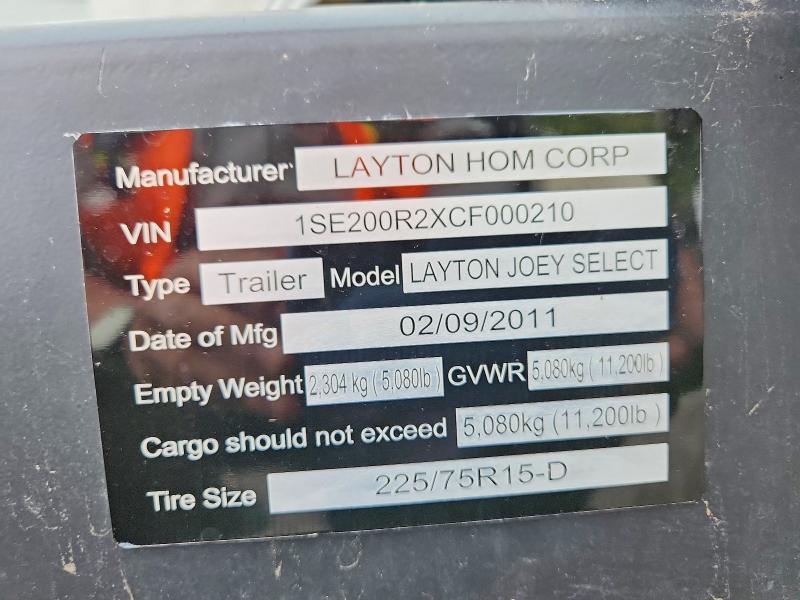 2012 Layton Travel Trl მანქანა იყიდება აუქციონზე, vin: 1SE200R2XCF000210, აუქციონის ნომერი: 70644606