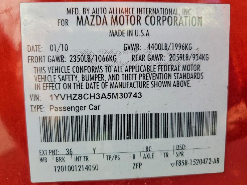 Aukcja sprzedaży 2010 Mazda 6, vin: 1YVHZ8CH3A5M30743, numer aukcji: 67924856