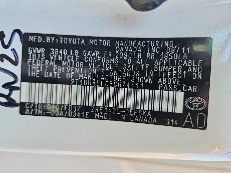 2011 Toyota Corolla მანქანა იყიდება აუქციონზე, vin: 2T1BU4EE0BC674411, აუქციონის ნომერი: 69244666
